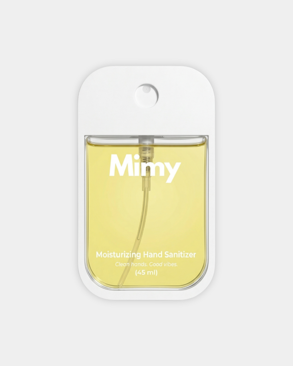 Hand sanitizer bottle with 'mimy' branding on a white background