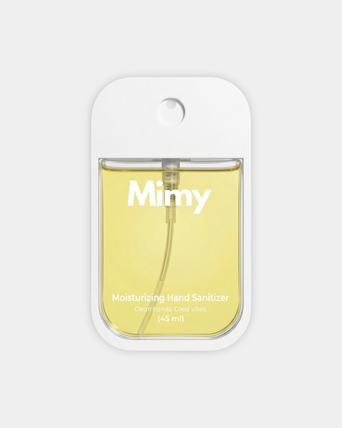 Hand sanitizer bottle with 'mimy' branding on a white background